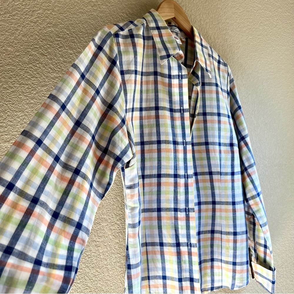 Cruel Girl Long Sleeve Linen Blend White Multicolor Plaid Button down Shirt, M